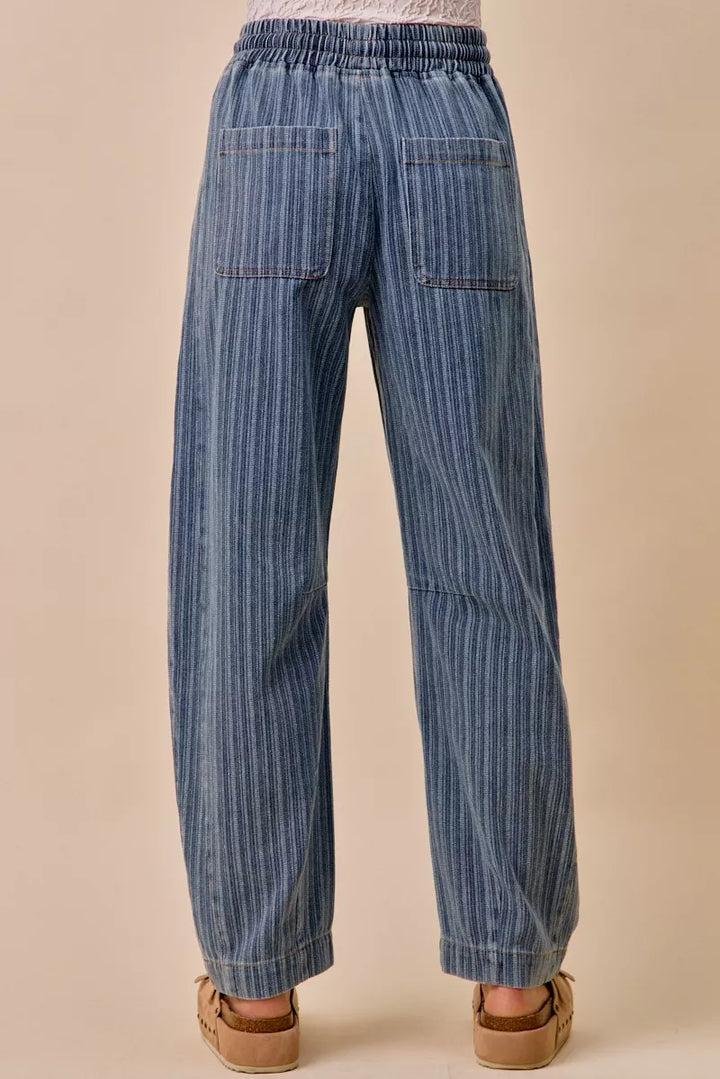 So Me Stripe Denim Barrel Jeans Drawstring Waistband