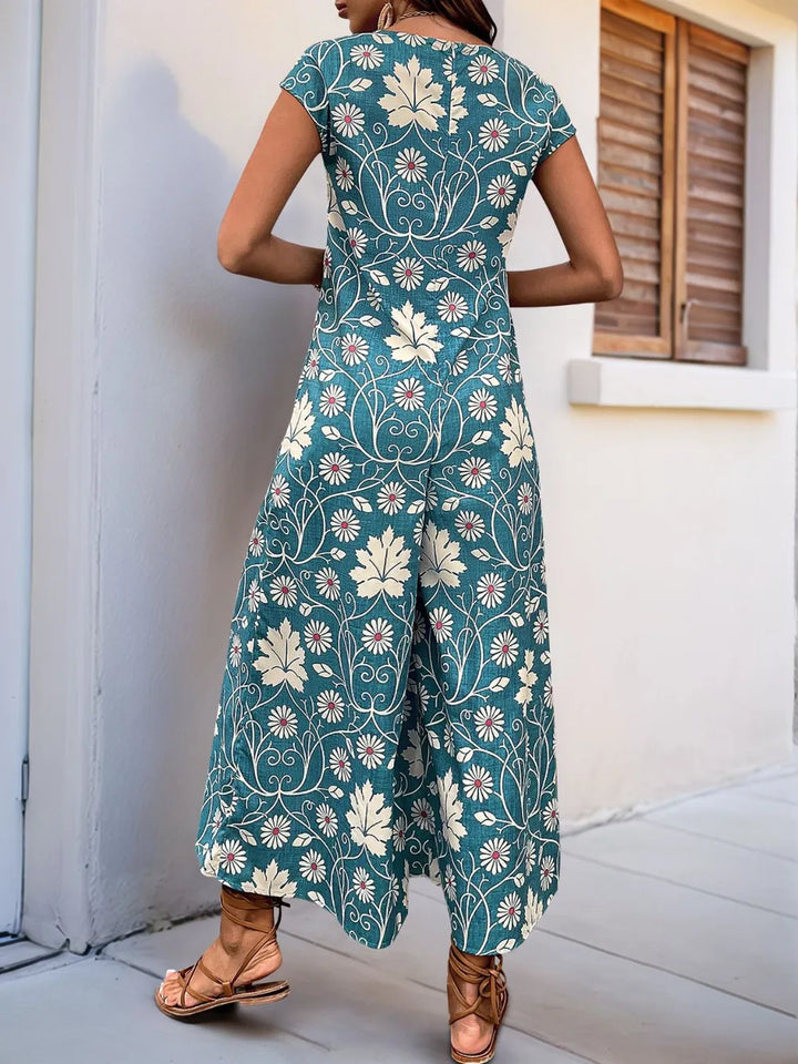 Turquoise Perfee Printed Round Neck Cap Sleeve Wide Leg Jumpsuit