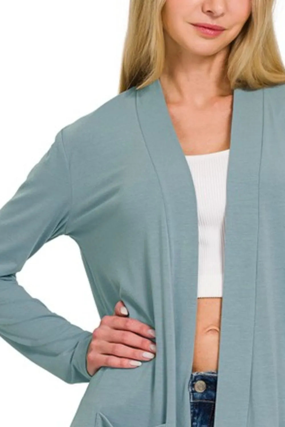 Blue Grey Zenana Slouchy Lightweight Open Front Pocket Cardigan