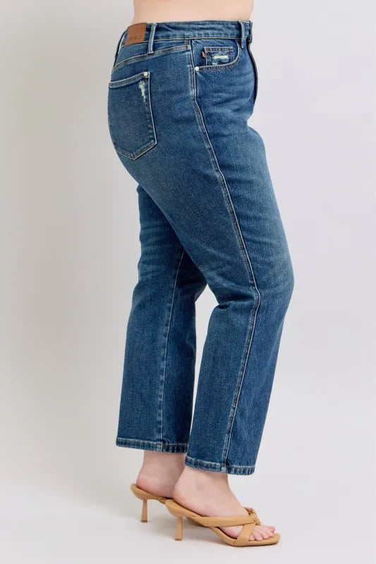 Dark Judy Blue Full Size High Waisted Rigid Magic Non Destroy Straight Leg Jeans Plus Size