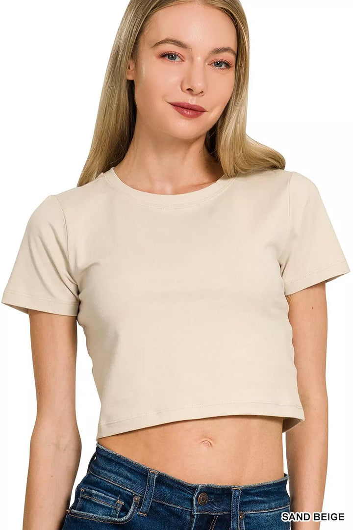Sand Beige Zenana Cotton Short Sleeve Round Neck Cropped Top