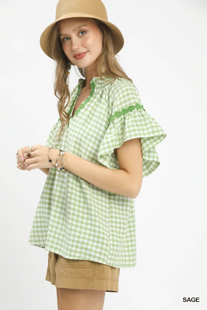 Sage Umgee Gingham Lace Trim Top 2