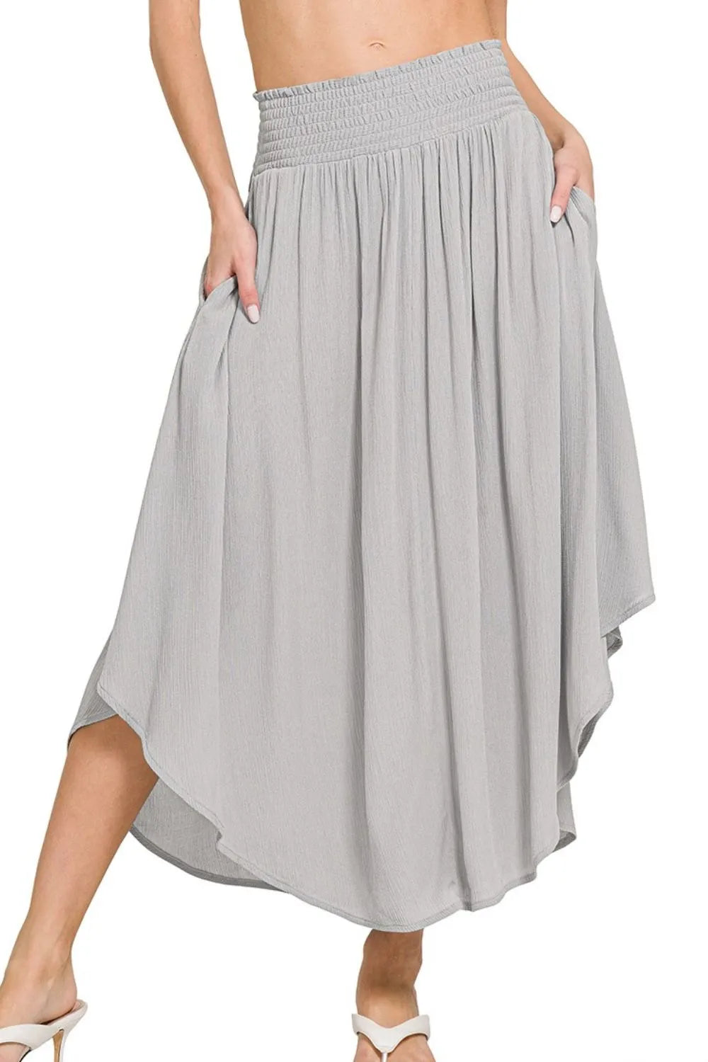 Lt Grey Zenana Woven Crinkle Smocked Waist Maxi Skirt W Pockets 3