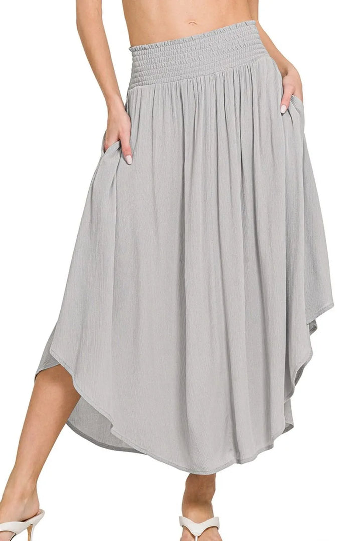 Lt Grey Zenana Woven Crinkle Smocked Waist Maxi Skirt W Pockets 3
