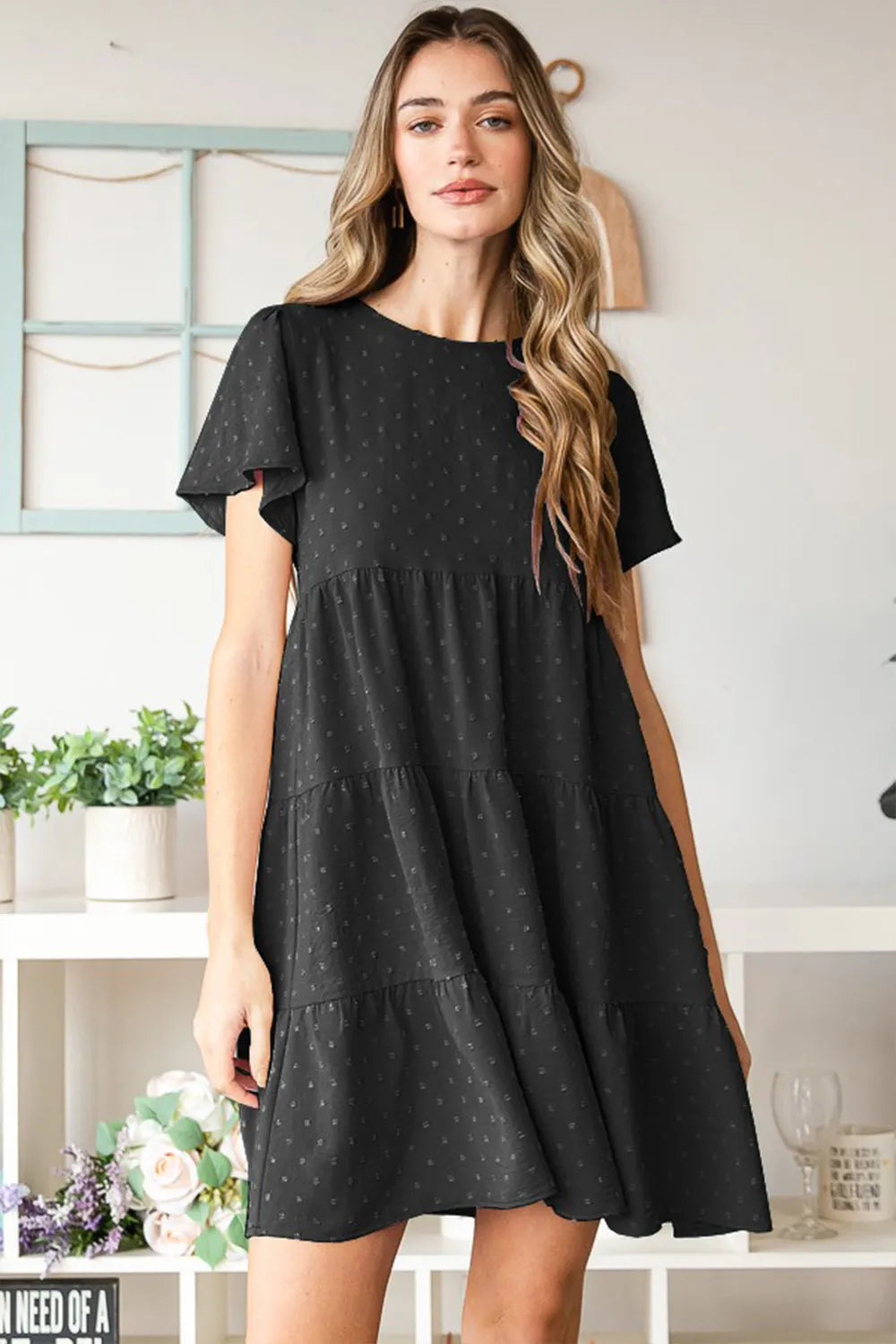 Black Heimish Swiss Dot Short Sleeve Tiered Dress