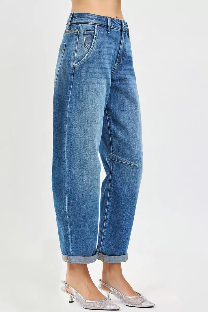 Medium Risen Slouchy Cropped Barrel Jeans With Cuffed Hem