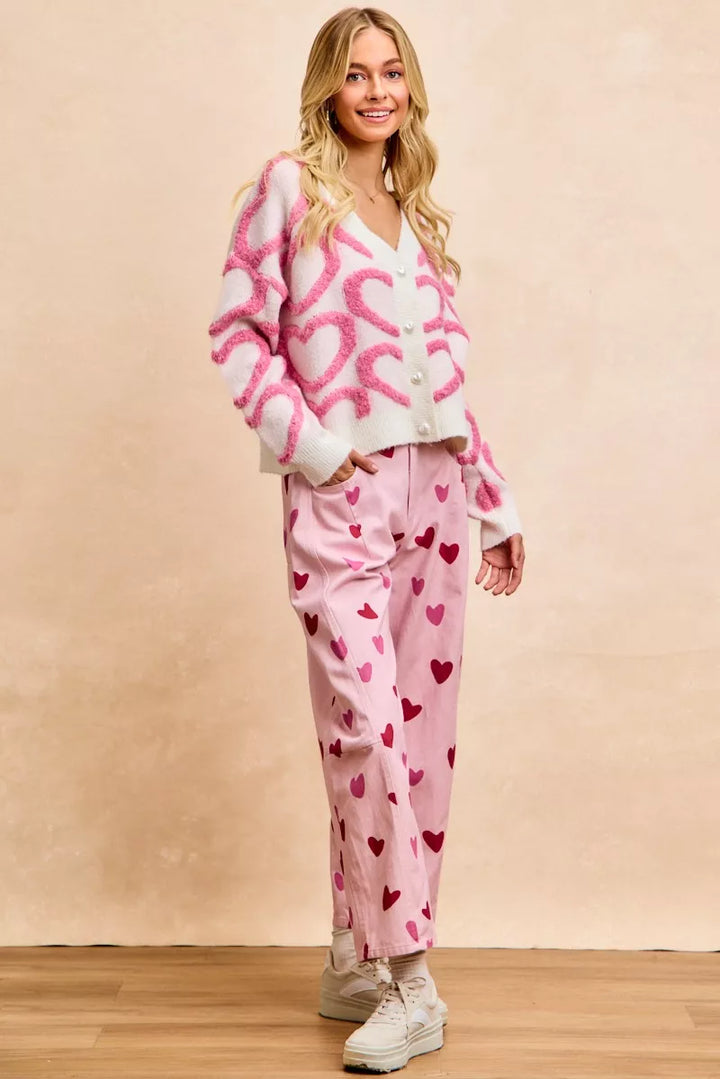 Bibi Textured Heart Buttoned V Neck Cardigan
