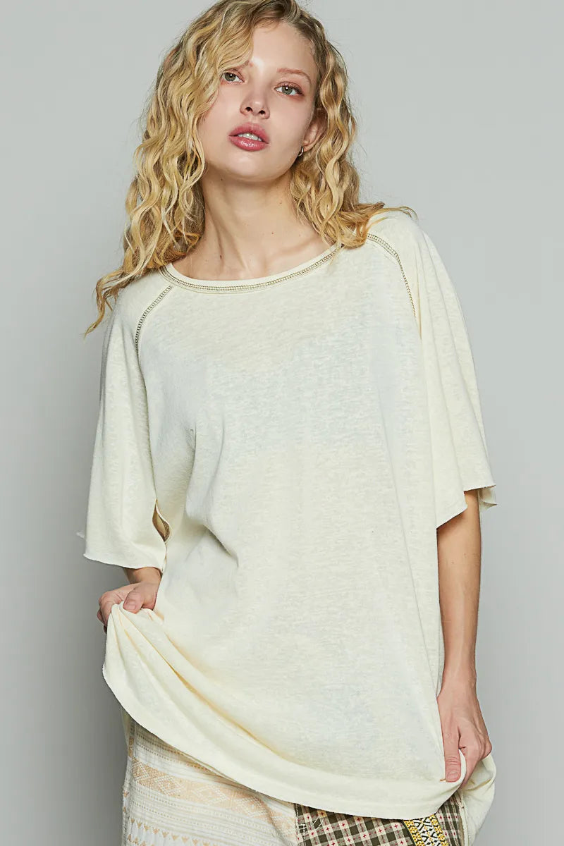 Pol Contrast Stitching Half Sleeve Oversized T Shirt