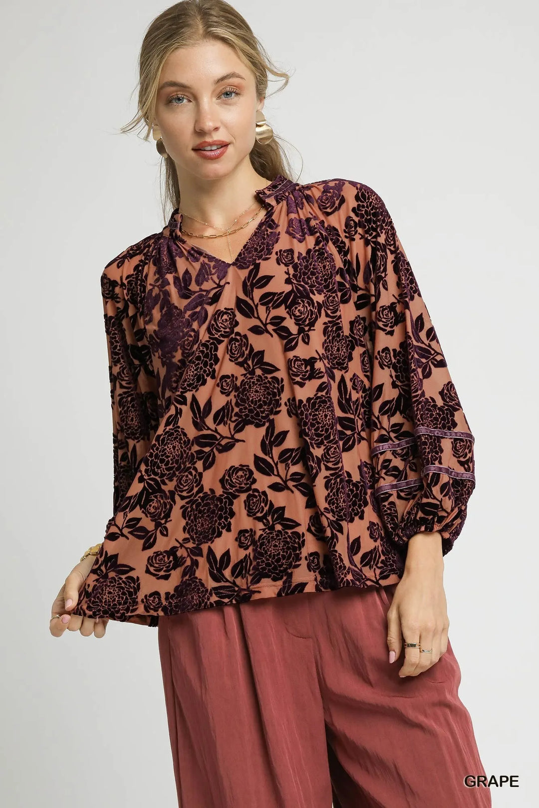 Grape Umgee Floral Velvet Blouse With Balloon Sleeves 1