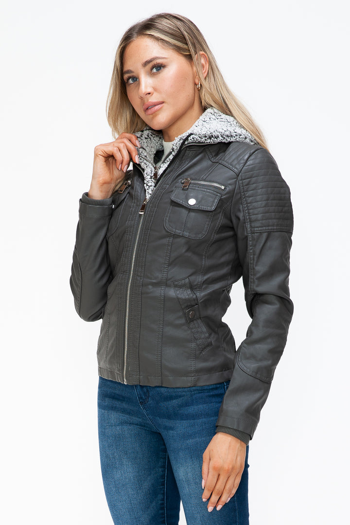 Ymi Removable Faux Layered Multi Pocket Jacket With Fuzzy Hood 1