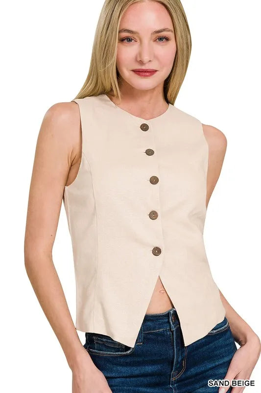 Sand Beige Zenana Linen Button Down Vest 1