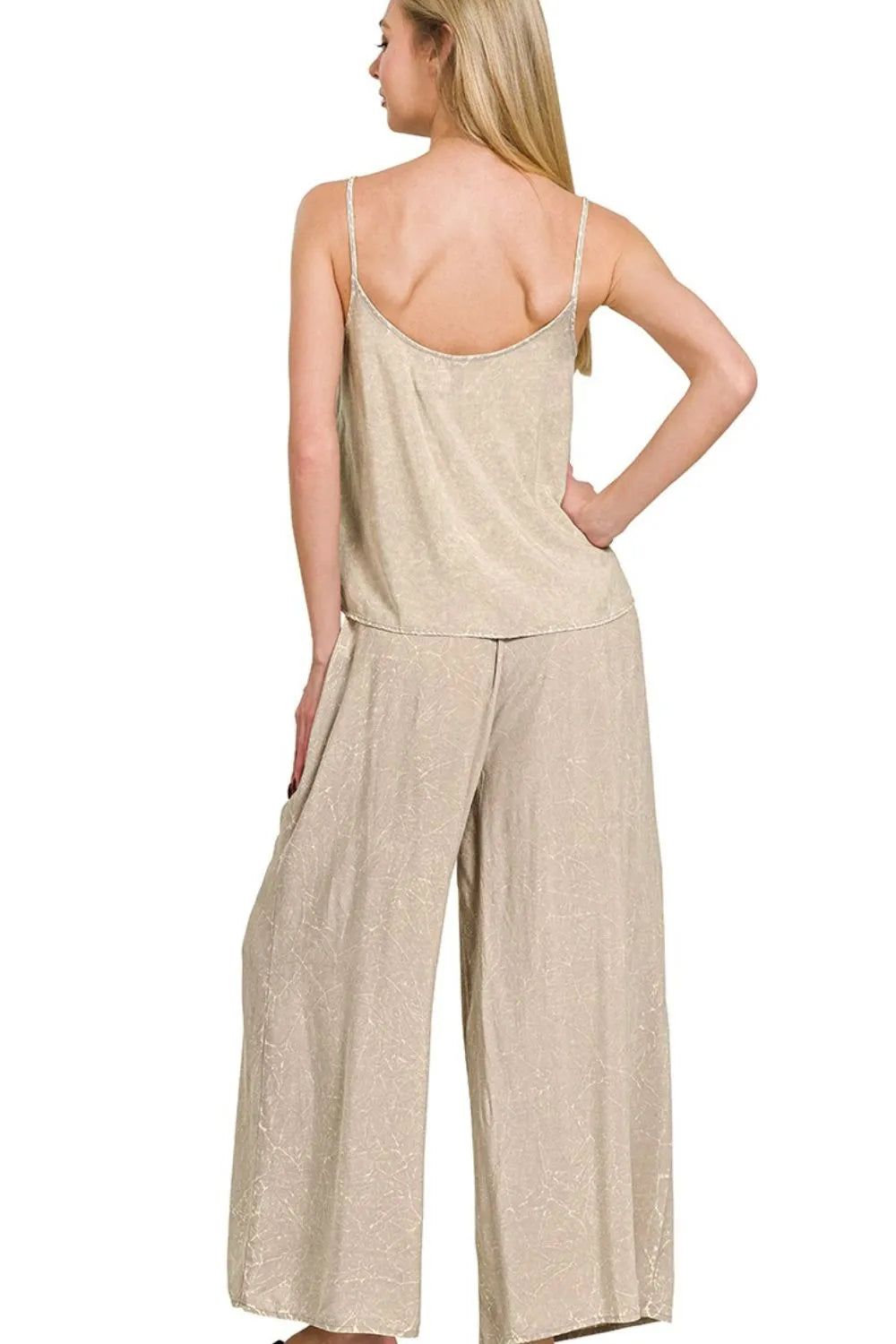 Ash Mocha Zenana Woven Acid Crinkle Washed Cami Pants 2 Piece Set