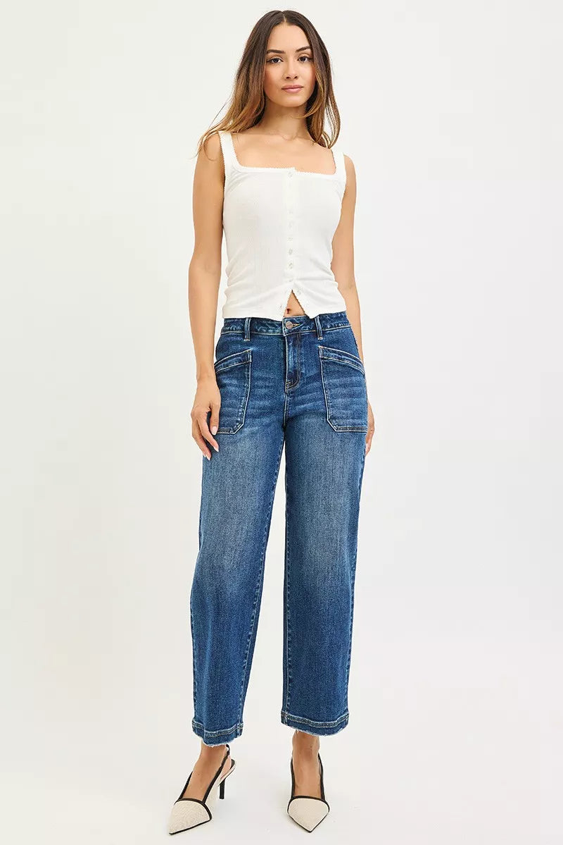 Dark Risen Slouchy Cropped Baggy Jeans With Front Patch Pocket