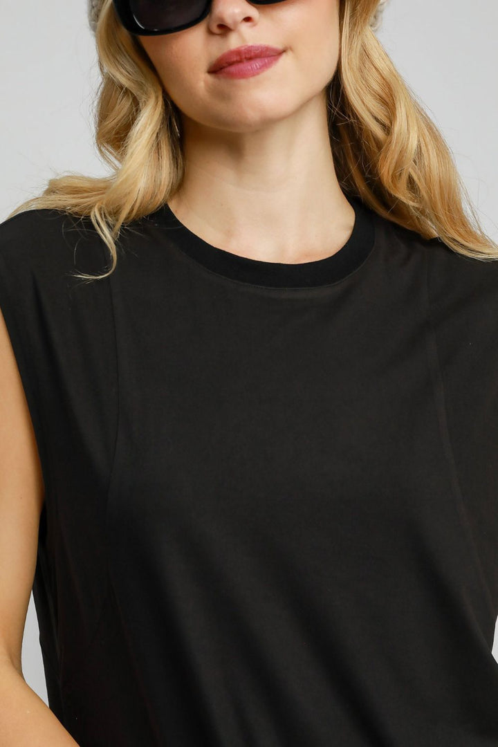 Umgee Round Neck Sleeveless High Low Curved Hemline Mini Dress