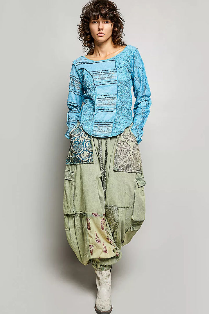 Pol Round Neck Long Sleeve Exposed Seam Top With Lace Detail 2