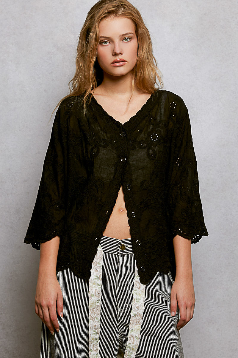 Black Pol Floral Eyelet V Neck Salloped Shirt