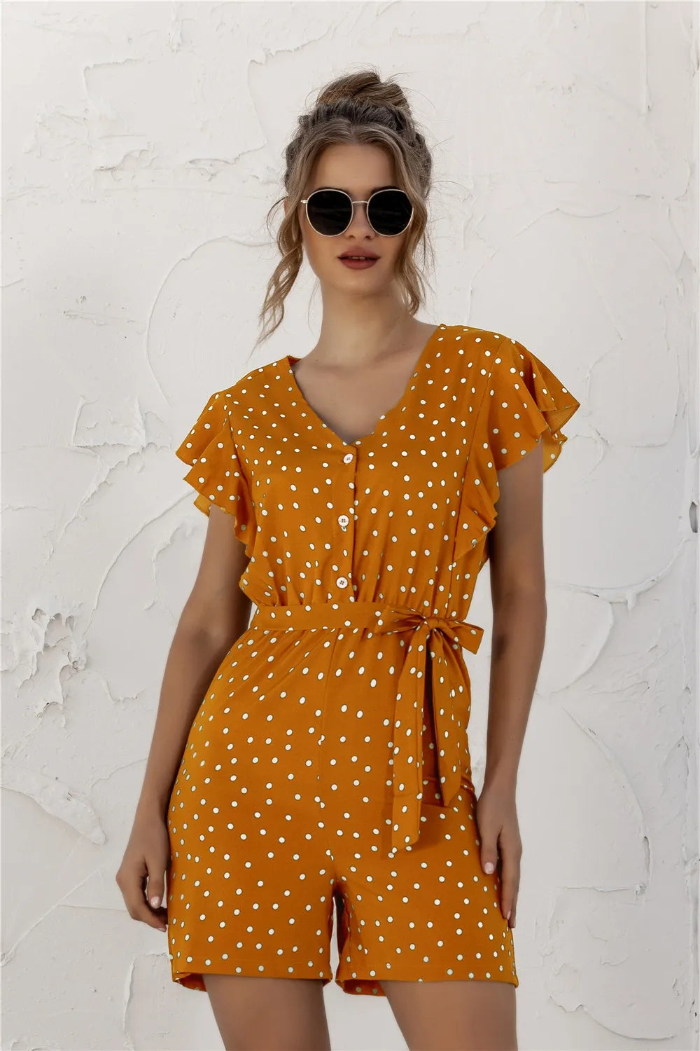 Mustard Ruffled Polka Dot Half Button Romper