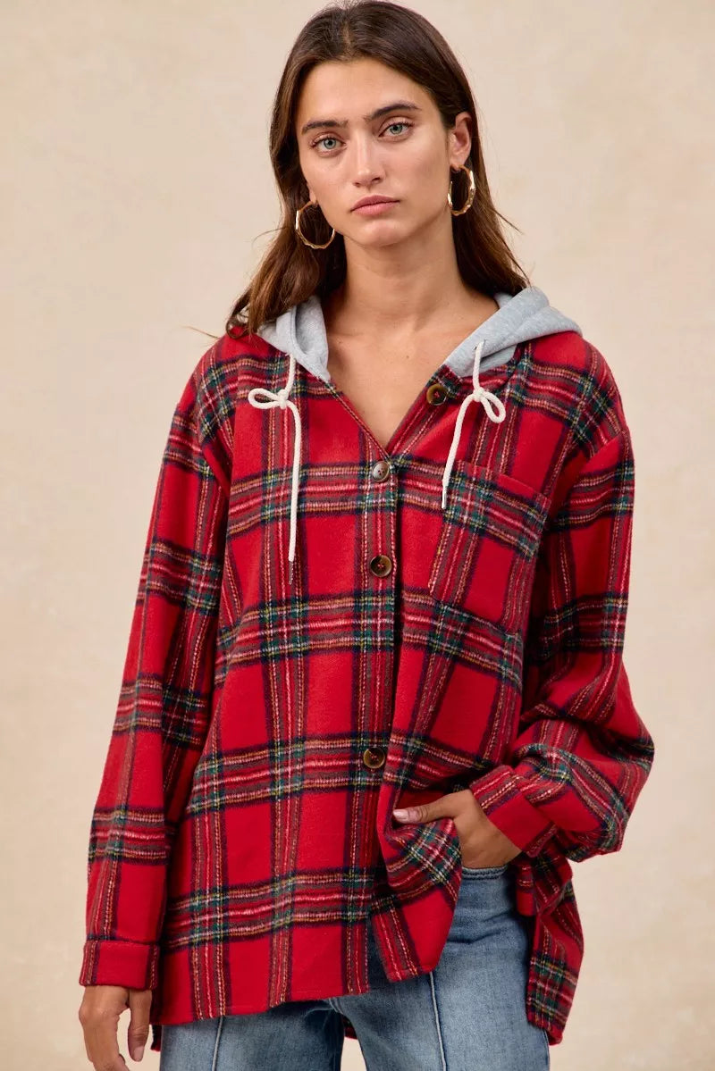Red Plaid Bibi Brushed Plaid Hooded Jacket