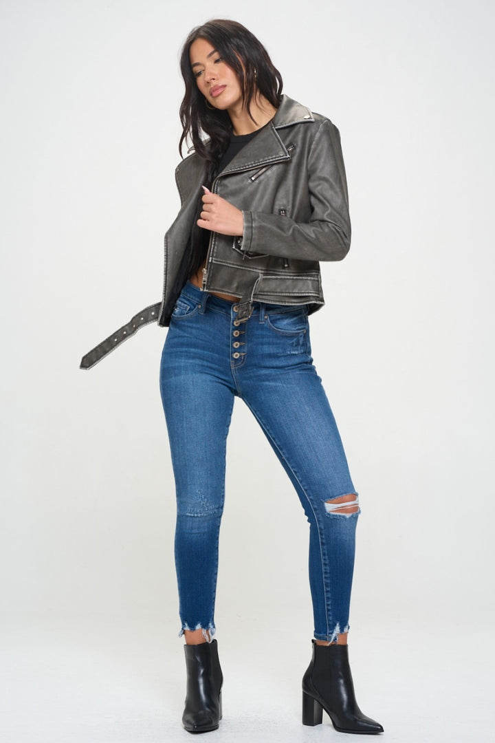 Coalition La Zip Up Biker Jacket With Belt 1