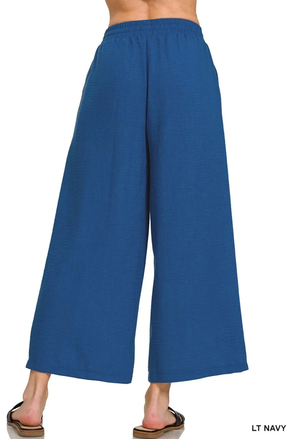 Lt Navy Zenana Woven Crepe Elastic Band Waist Cropped Pants