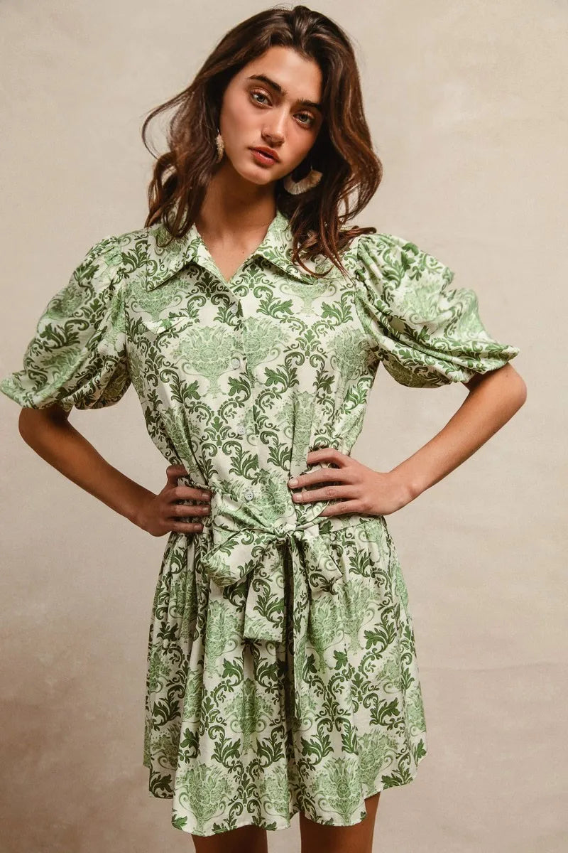 Green/Cream Bibi Tied Floral Short Sleeve Mini Shirt Dress