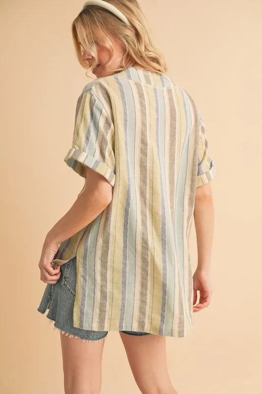 Blue Green Aemi Co Side Slit Striped Short Sleeve Blouse