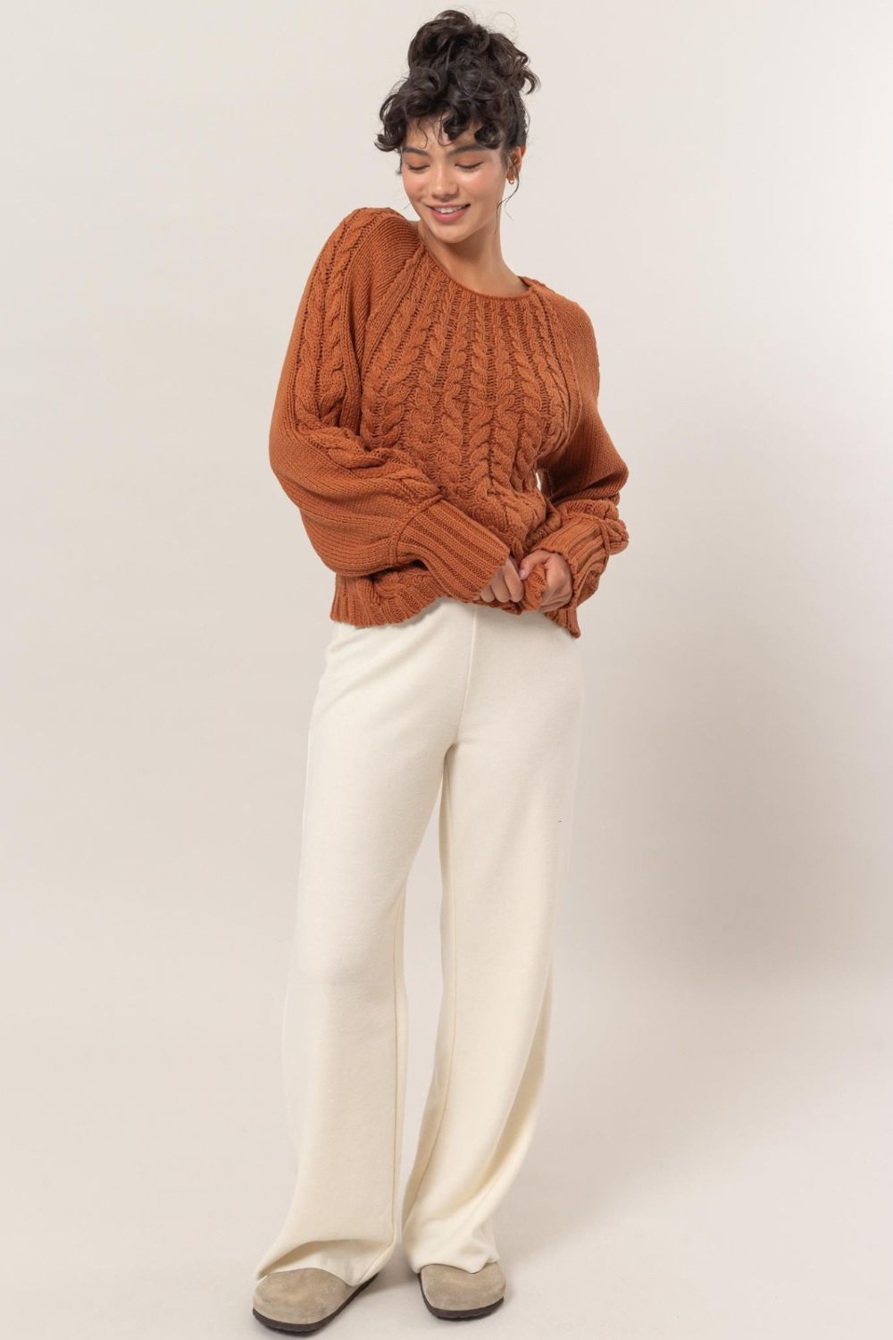 Hyfve Cable Knit Round Neck Raglan Sleeve Sweater