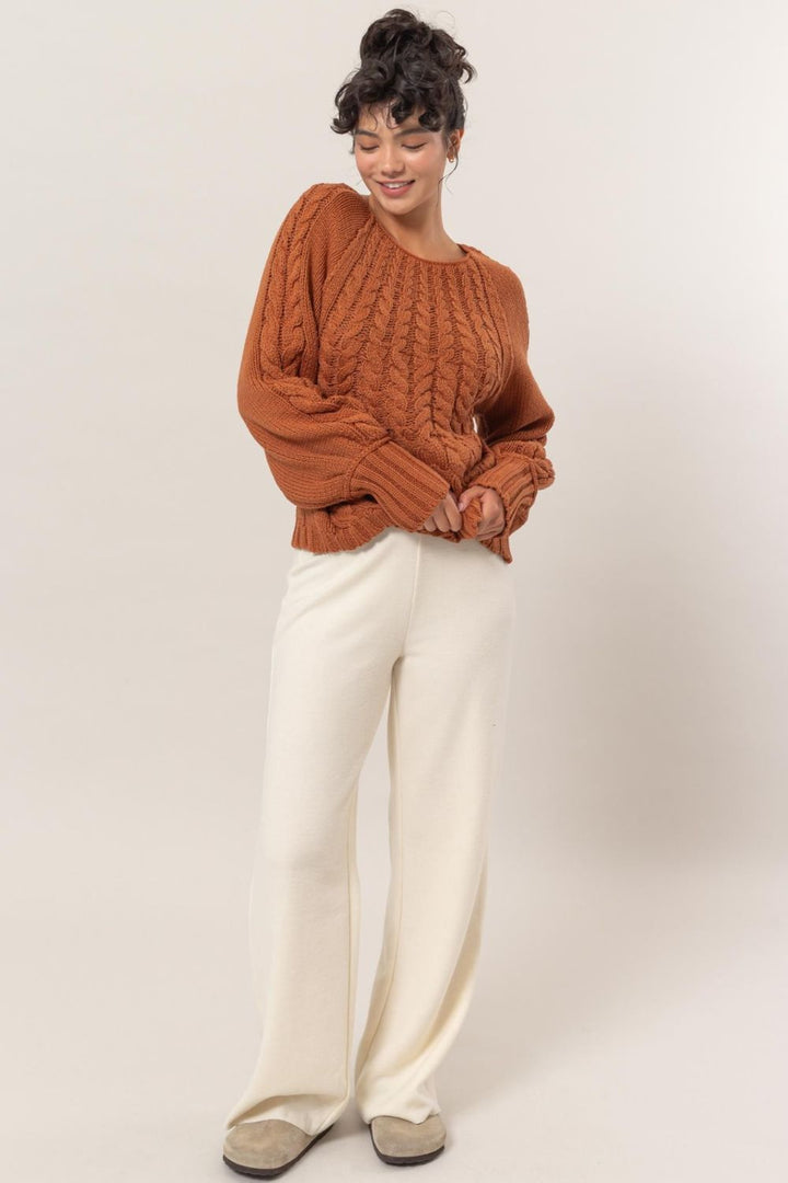 Hyfve Cable Knit Round Neck Raglan Sleeve Sweater
