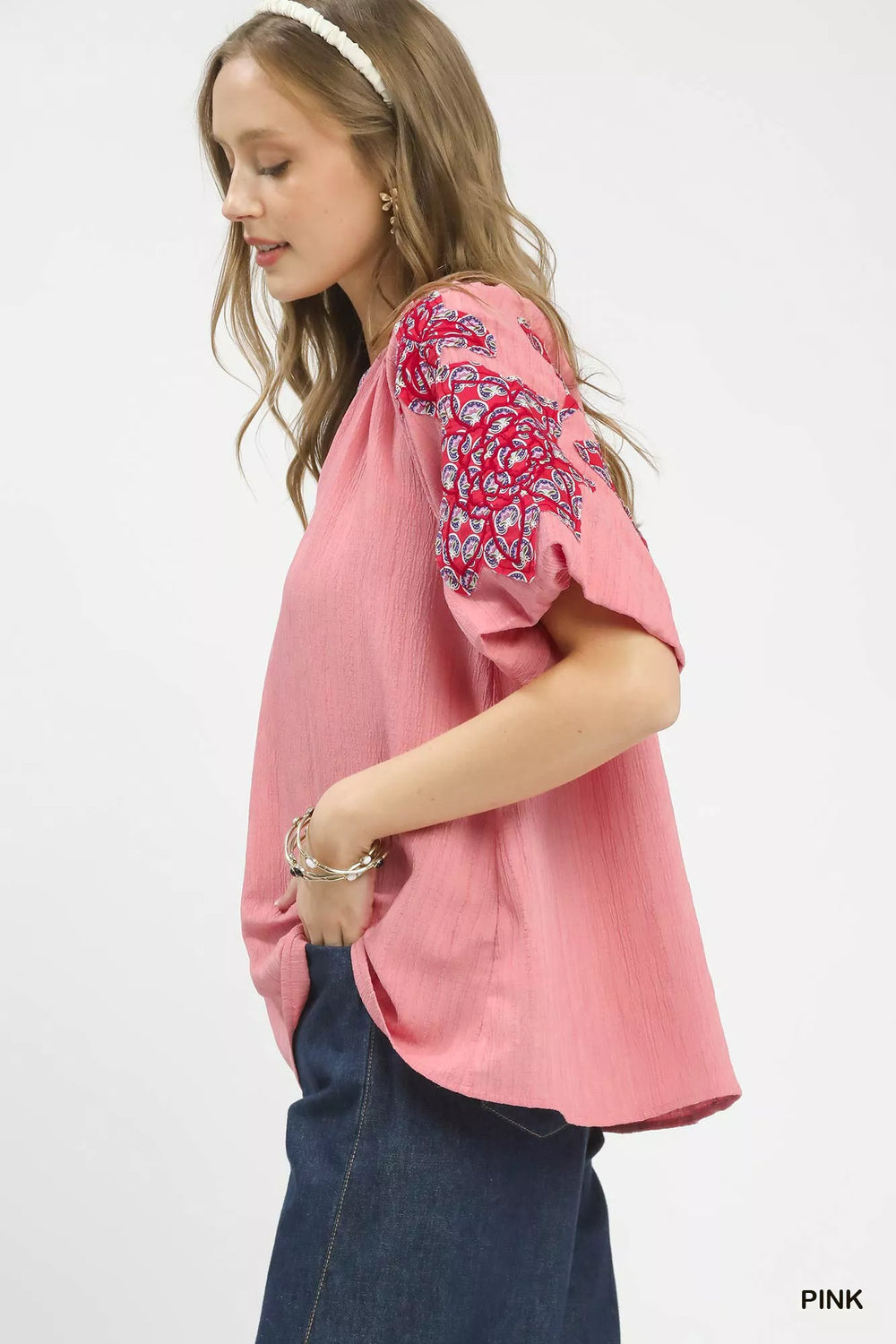 Pink Umgee Embroidered Sleeve Contrast Trim Top 1