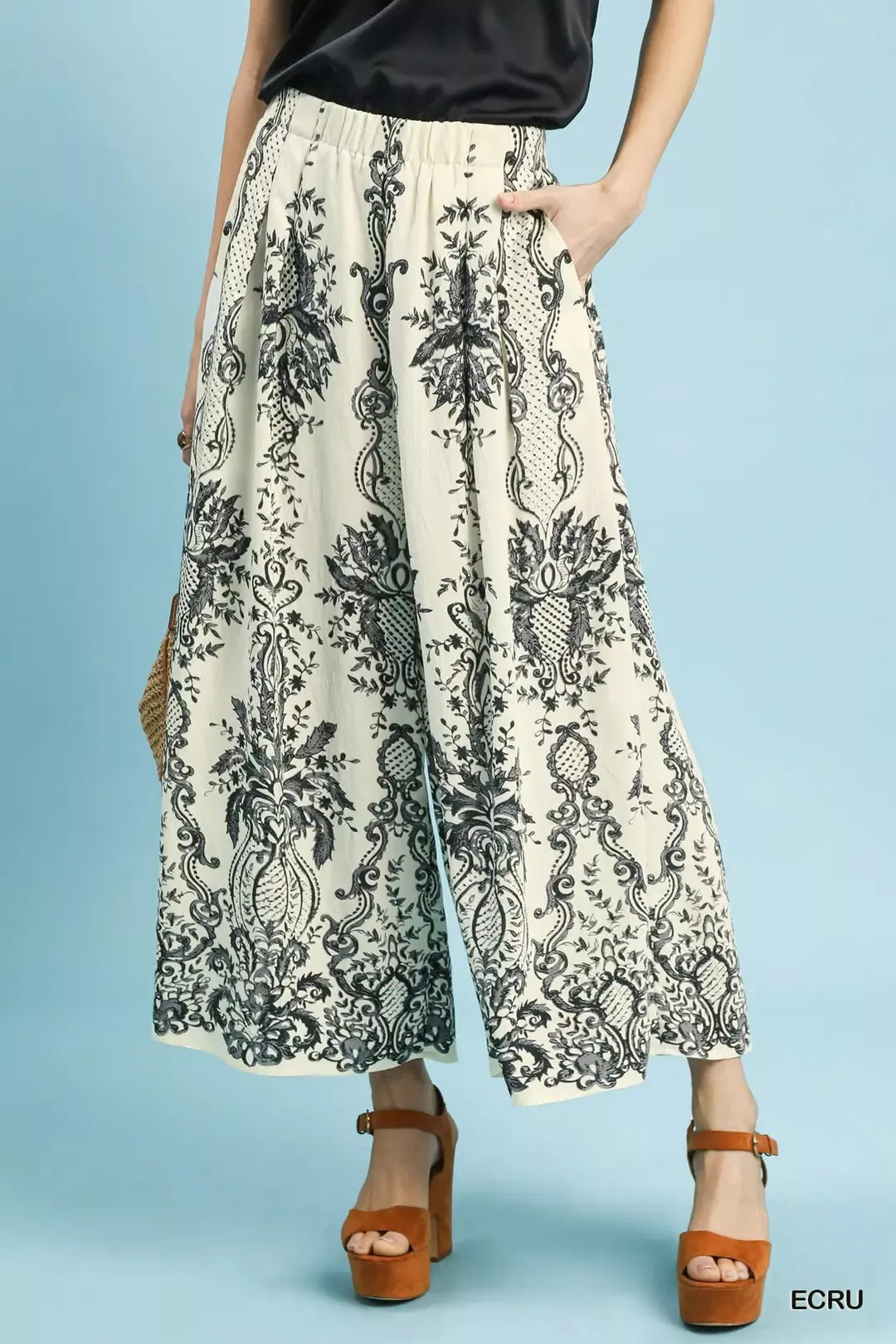 Ecru Umgee Border Print Wide Leg Pants