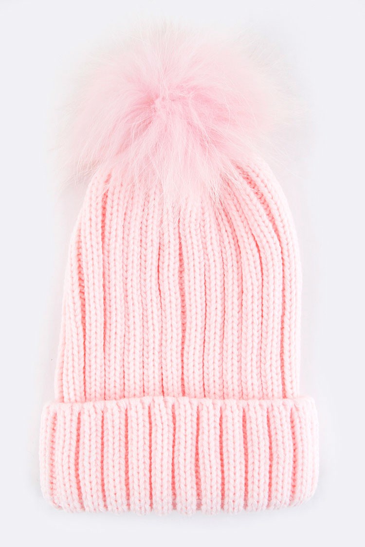 Raccoon Fur Pompom Beanie