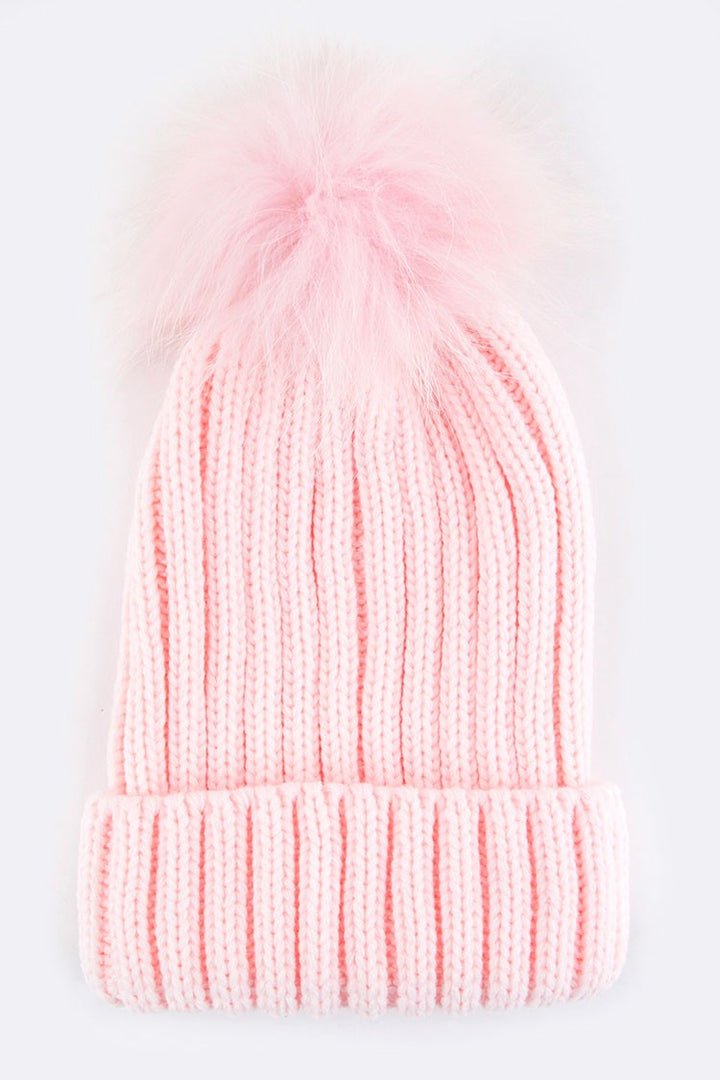 Raccoon Fur Pompom Beanie