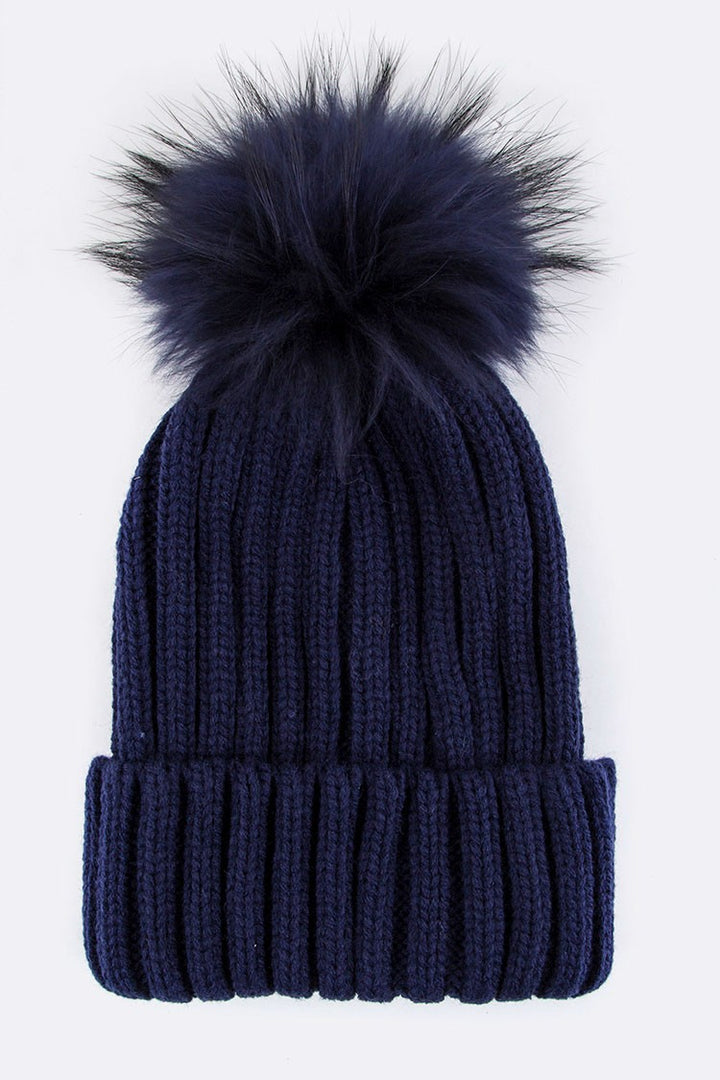 Black Raccoon Fur Pompom Beanie