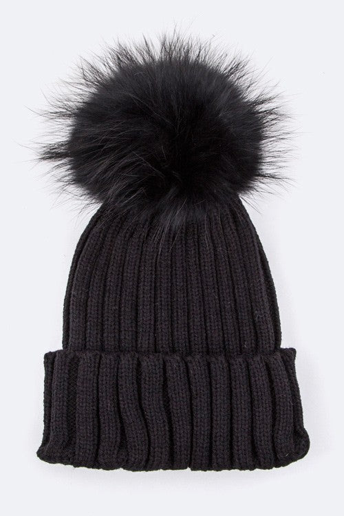 Grey Raccoon Fur Pompom Beanie