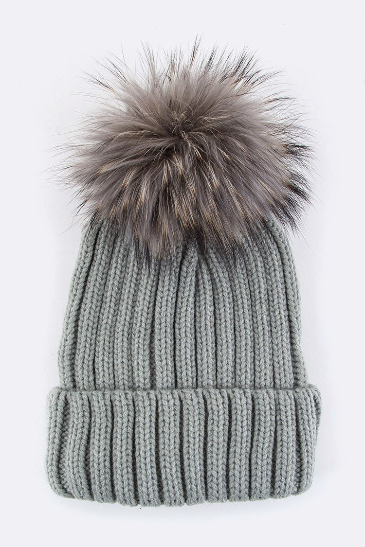 Ivory Raccoon Fur Pompom Beanie