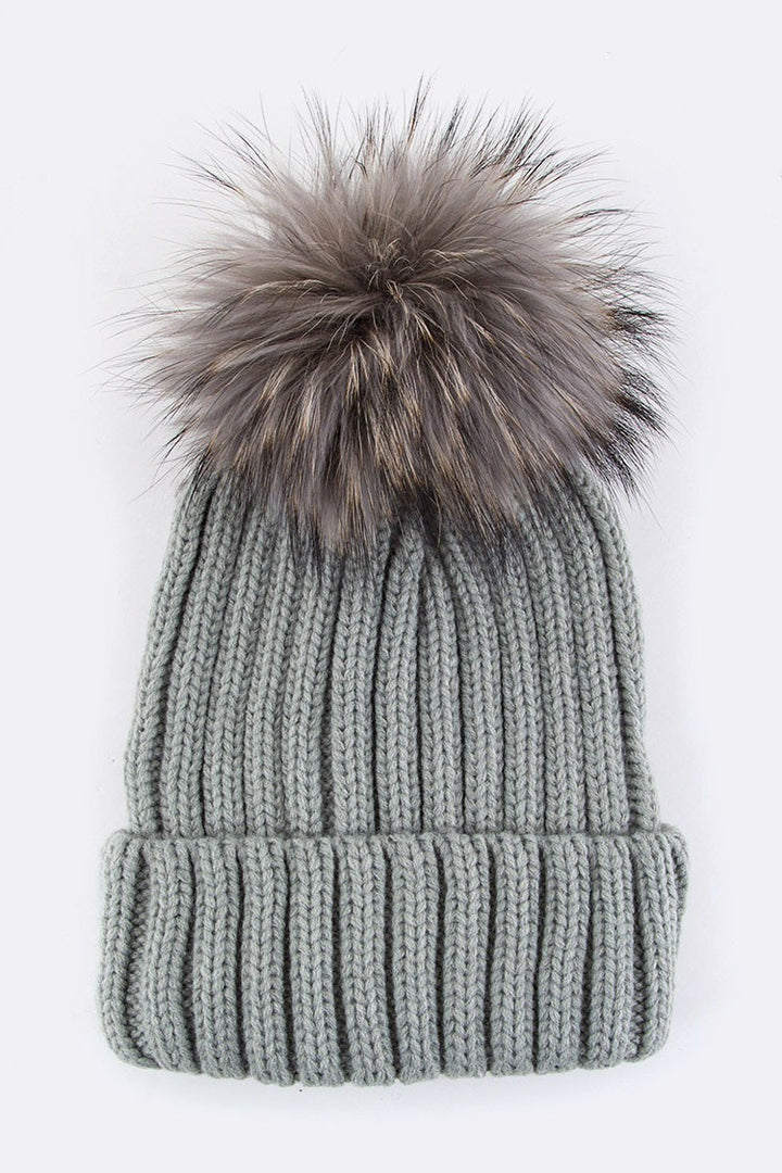 Ivory Raccoon Fur Pompom Beanie