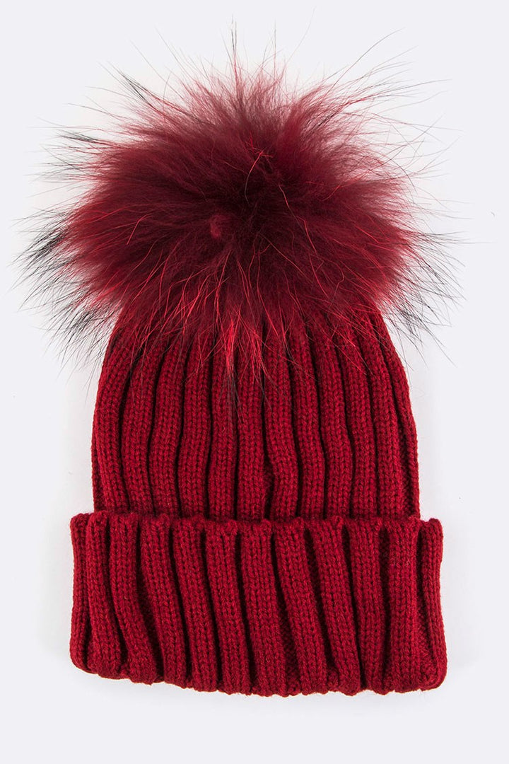 Pink Raccoon Fur Pompom Beanie