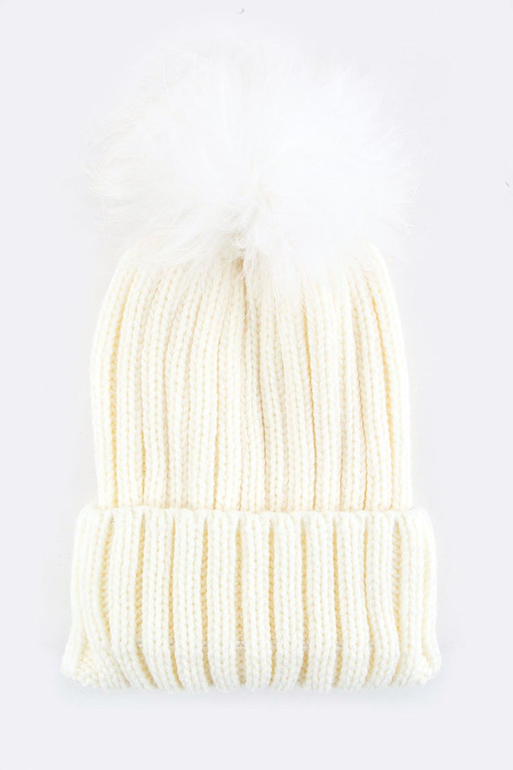 Raccoon Fur Pompom Beanie