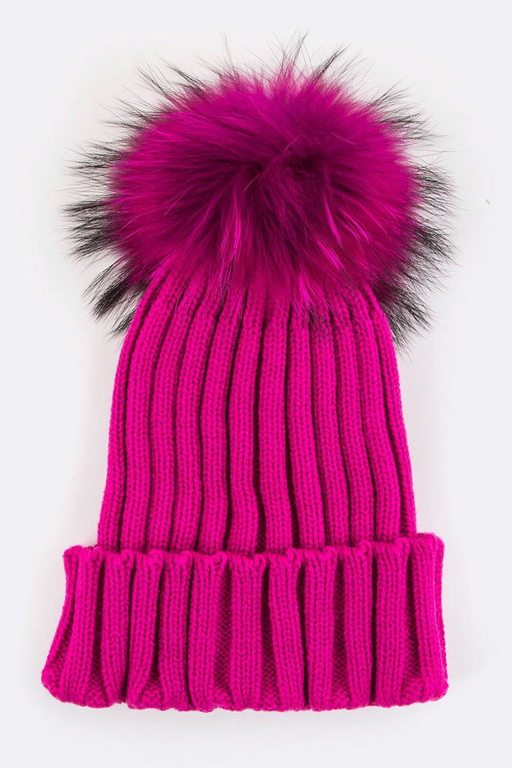 Burgundy Raccoon Fur Pompom Beanie