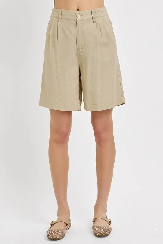 Tan Risen High Rise Pleated Front Shorts