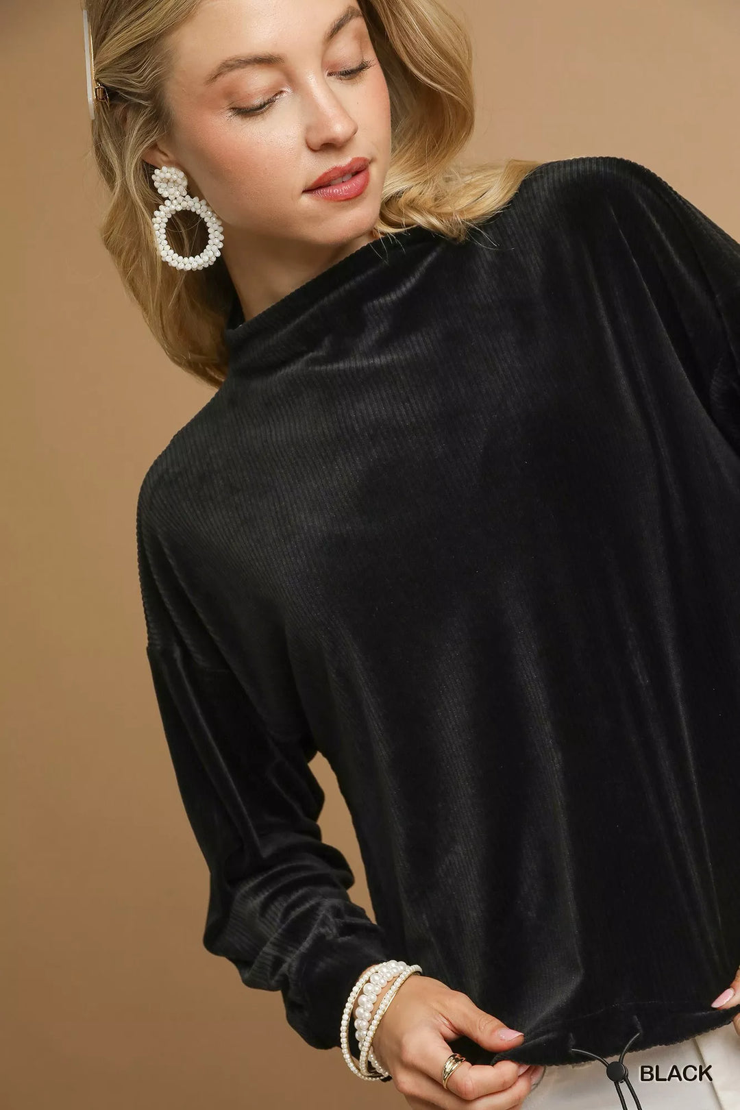 Black Umgee Ribbed Drawstring Hem Knit Top 1