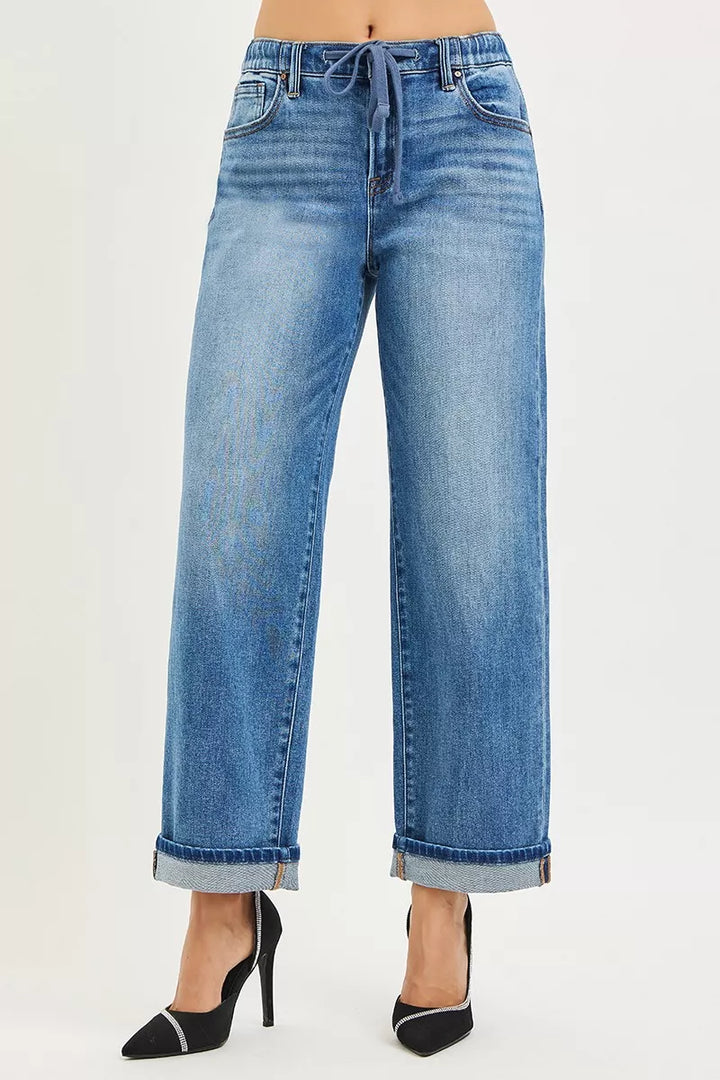 Medium Risen Elastic Band Slouch Ankle Boyfriend Cuffed Hem Jeans