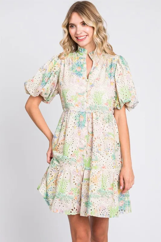Green Multicolor Geegee Floral Eyelet Lace Puff Sleeve Mini Dress