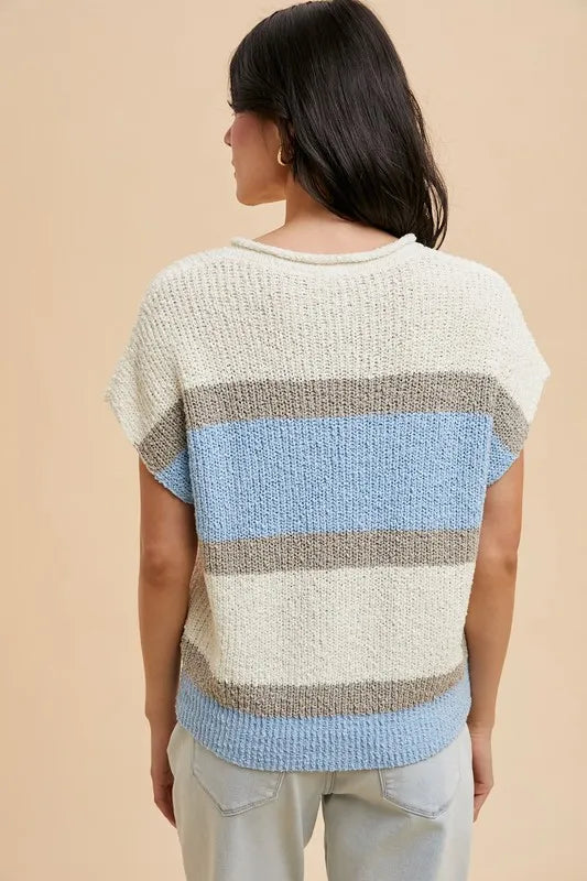 Ivory/Denim Blue Annie Wear Low Gauge Color Block Textured Sweater Top 1