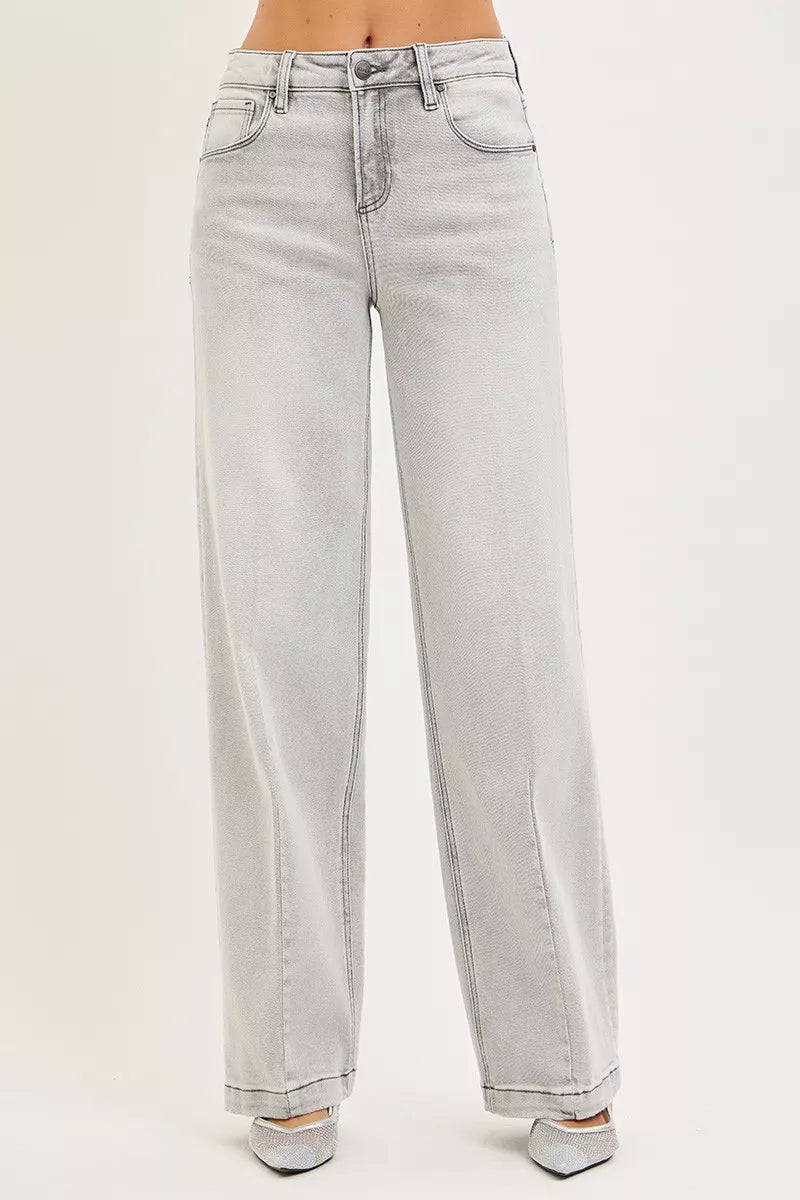 Light Grey Risen Slouchy Baggy Jeans With Contrast Stitching