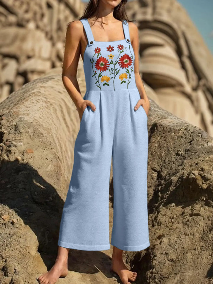 Light Blue Floral Embroidered Wide Leg Jumpsuit