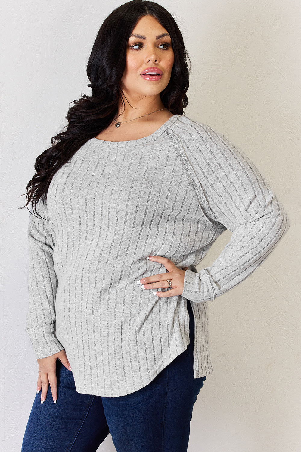Light Yellow Basic Bae Full Size Ribbed Round Neck Slit T Shirt