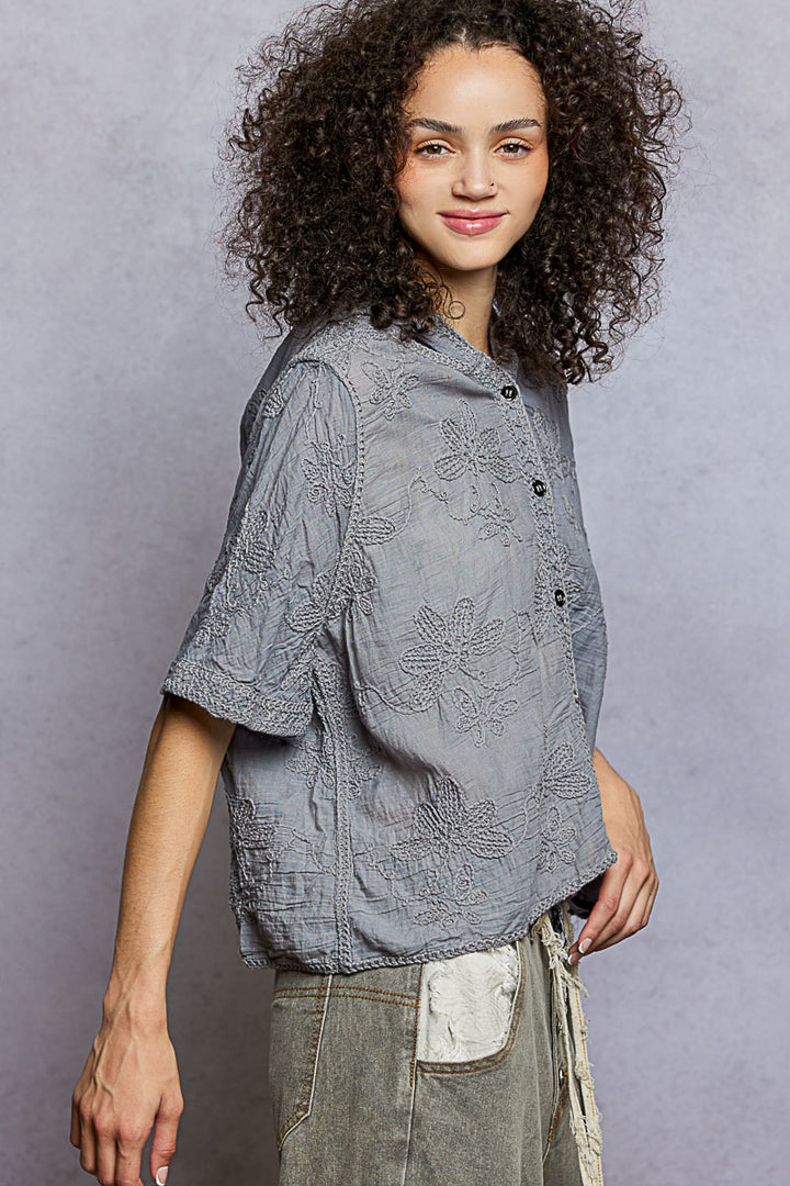 Pol Button Front Floral Stitching Breathable Hooded Shirt