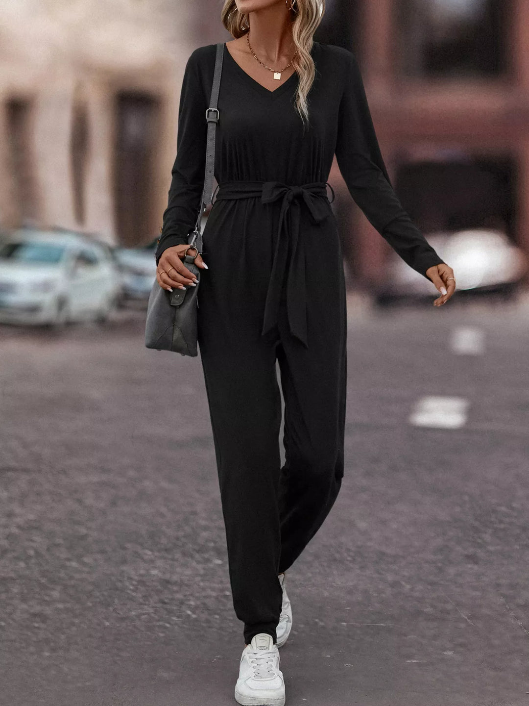 V Neck Long Sleeve Tie Waist Jumpsuit