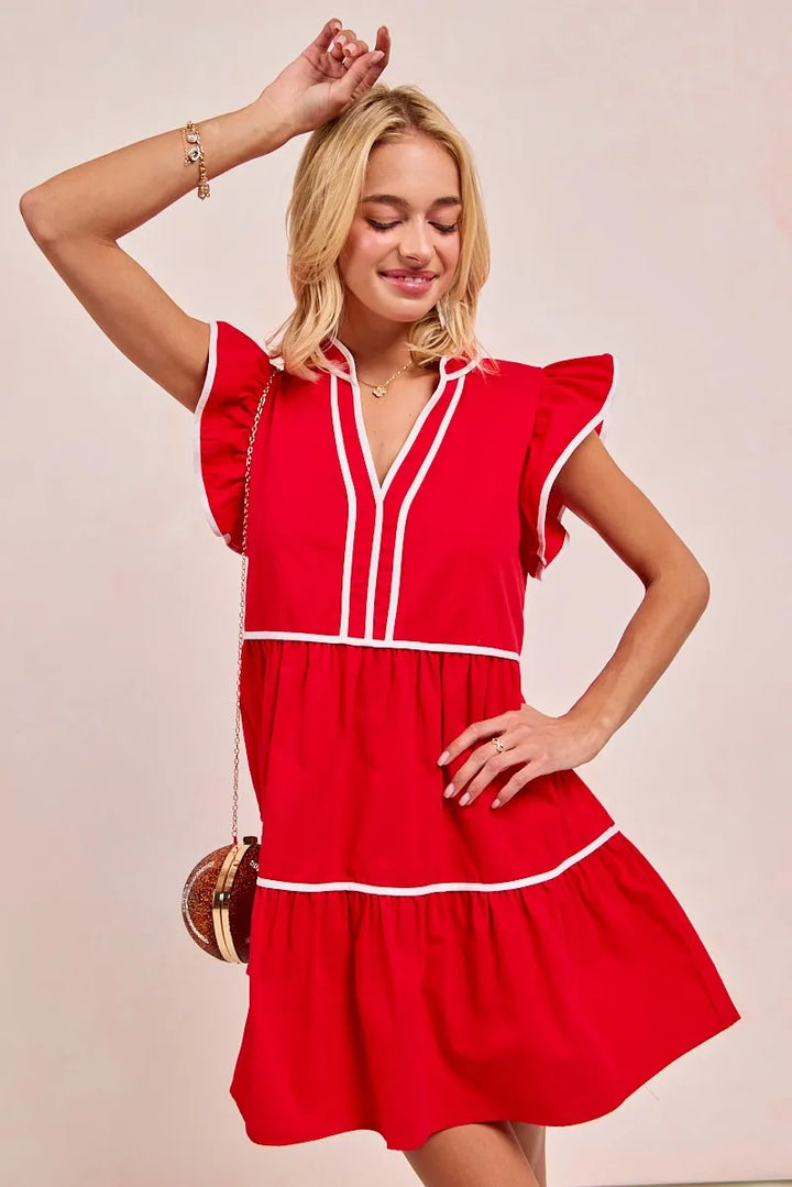 Red Bibi Gameday Theme Contrast Binding Ruffled Dress 1